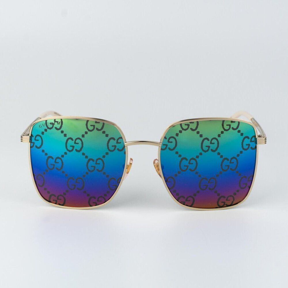 Gucci Men Sunglasses Gold Multicolor GG Pattern Mirror Square GG0802S 004